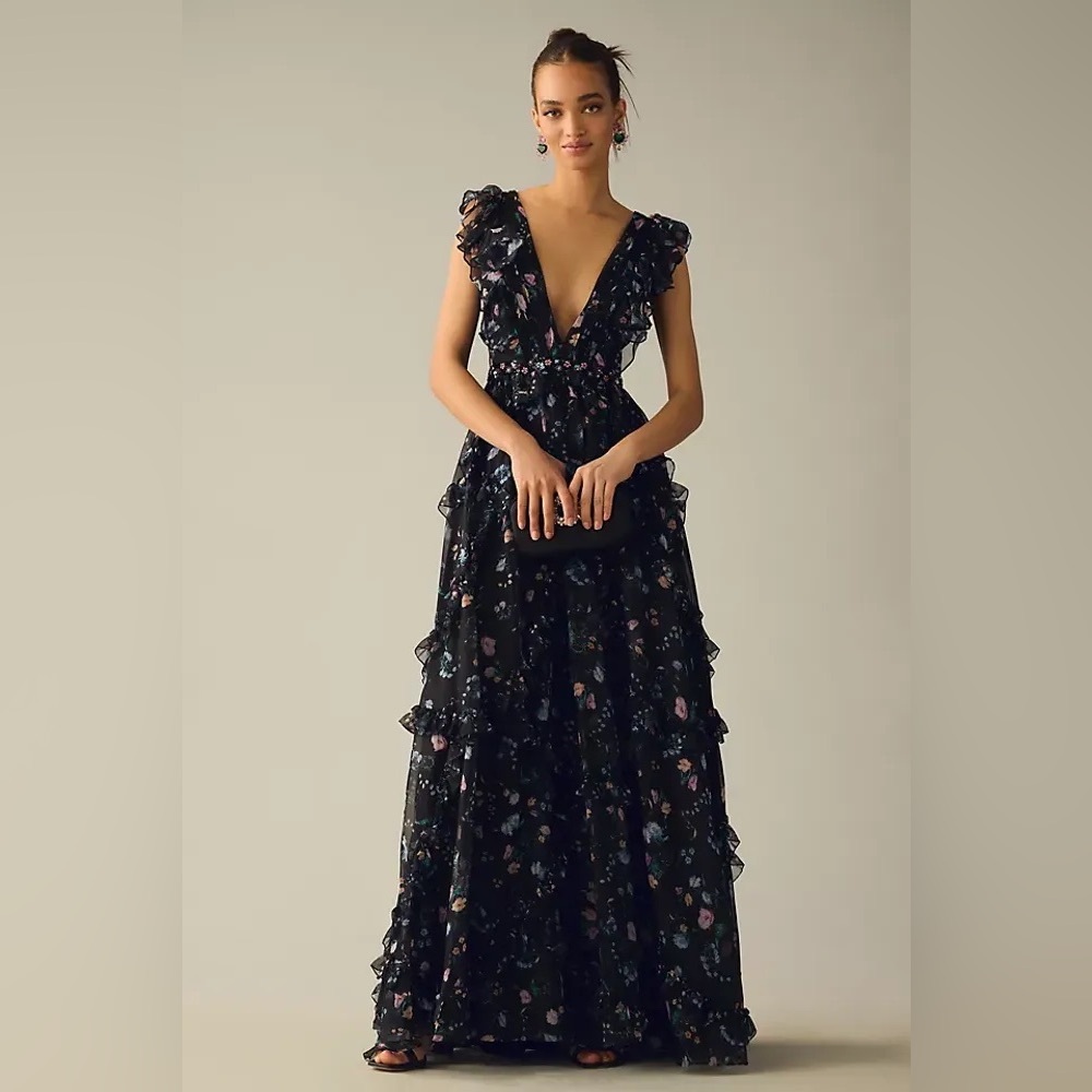 Mac Duggal Ruffled Floral Print Cap Sleeve Gown 68090 Anthropologie